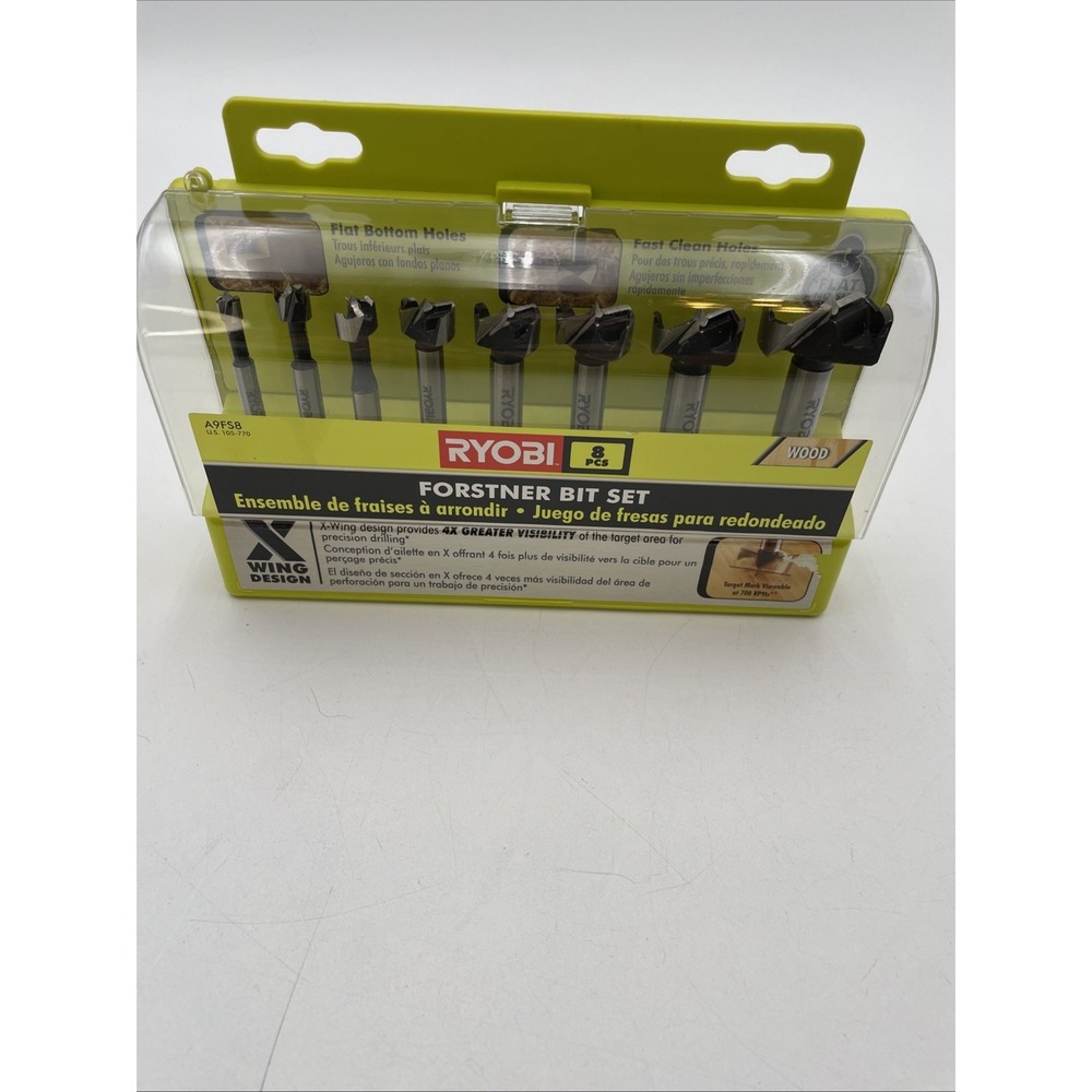 Ryobi A9FS8 Forstner Bit Set With Hard Case 8 PC Set X Wing Design NEW OPEN BOX